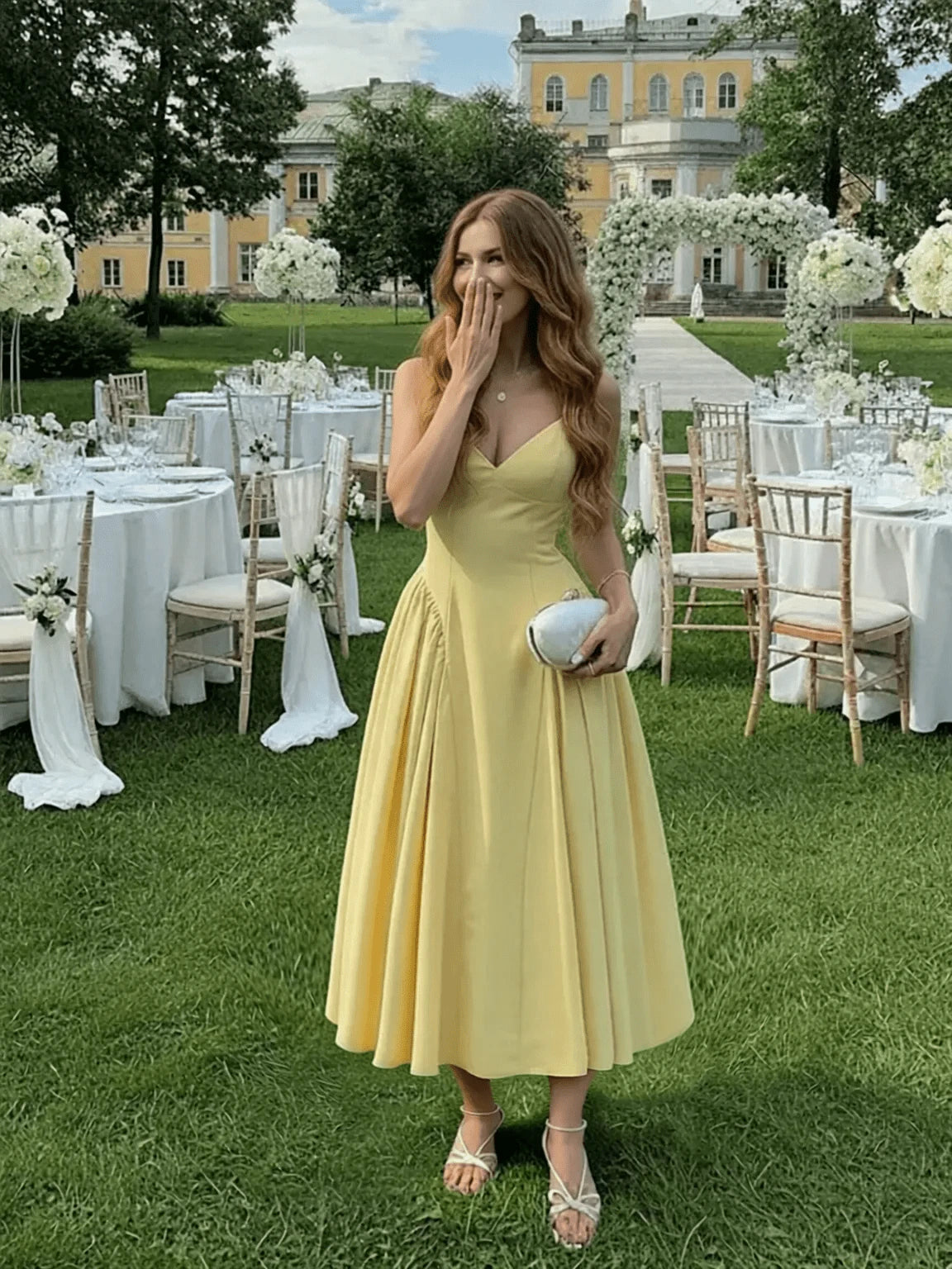 Women's Solid Color Side Splice Ruched Bust Cup Sexy Elegant Elegant Fashion Vacation Wedding Party Spaghetti Strap Dress Summer Yellow