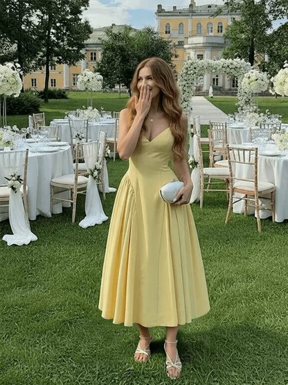 Women's Solid Color Side Splice Ruched Bust Cup Sexy Elegant Elegant Fashion Vacation Wedding Party Spaghetti Strap Dress Summer Yellow