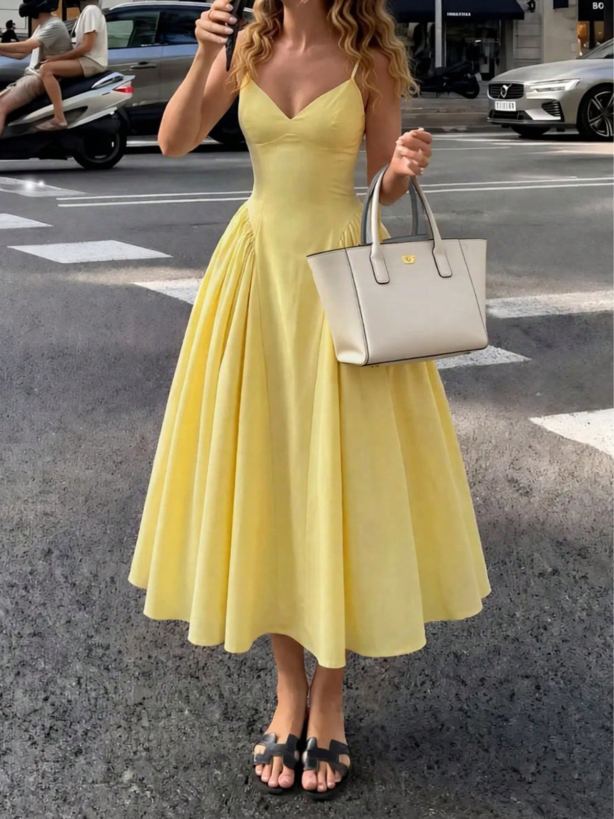 Women's Solid Color Side Splice Ruched Bust Cup Sexy Elegant Elegant Fashion Vacation Wedding Party Spaghetti Strap Dress Summer Yellow