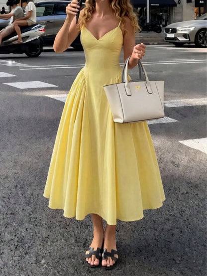 Women's Solid Color Side Splice Ruched Bust Cup Sexy Elegant Elegant Fashion Vacation Wedding Party Spaghetti Strap Dress Summer Yellow