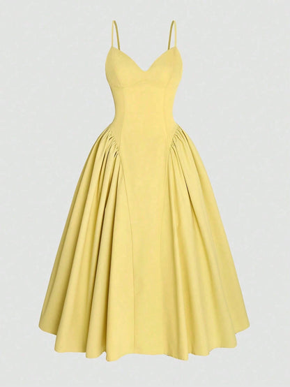 Women's Solid Color Side Splice Ruched Bust Cup Sexy Elegant Elegant Fashion Vacation Wedding Party Spaghetti Strap Dress Summer Yellow