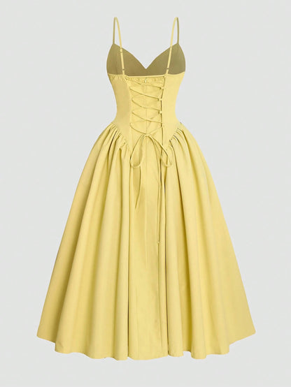 Women's Solid Color Side Splice Ruched Bust Cup Sexy Elegant Elegant Fashion Vacation Wedding Party Spaghetti Strap Dress Summer Yellow