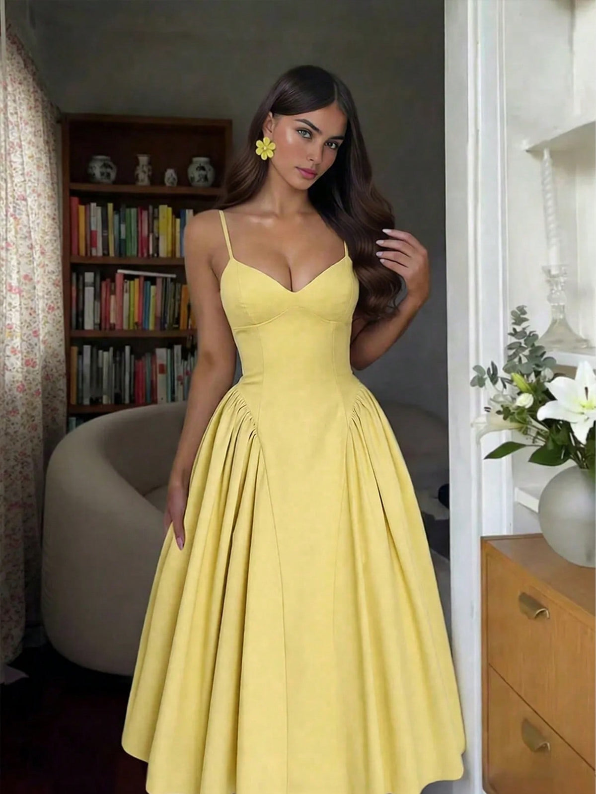 Women's Solid Color Side Splice Ruched Bust Cup Sexy Elegant Elegant Fashion Vacation Wedding Party Spaghetti Strap Dress Summer Yellow