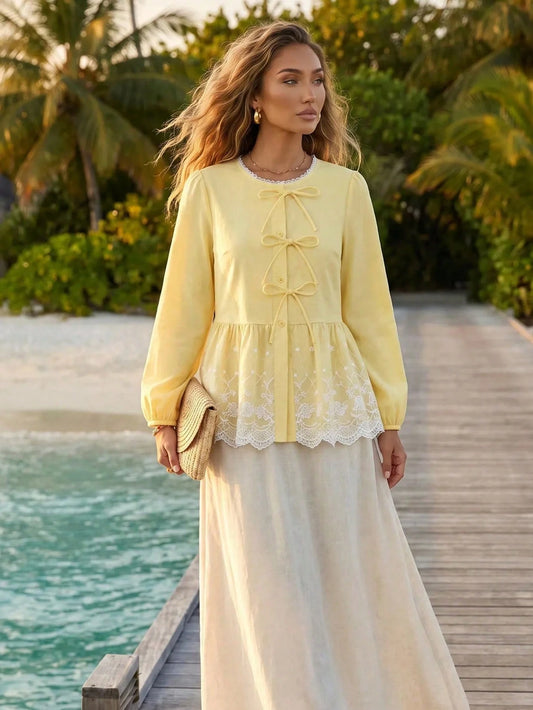 Women's Spring/Autumn Elegant Romantic Casual Sweet Bow Round Neck 3/4 Sleeve High Waist Embroidered Patchwork Blouse, Versatile Shirt For Commuting, Dating, Gathering, Holiday, Vacation, Daily Outing