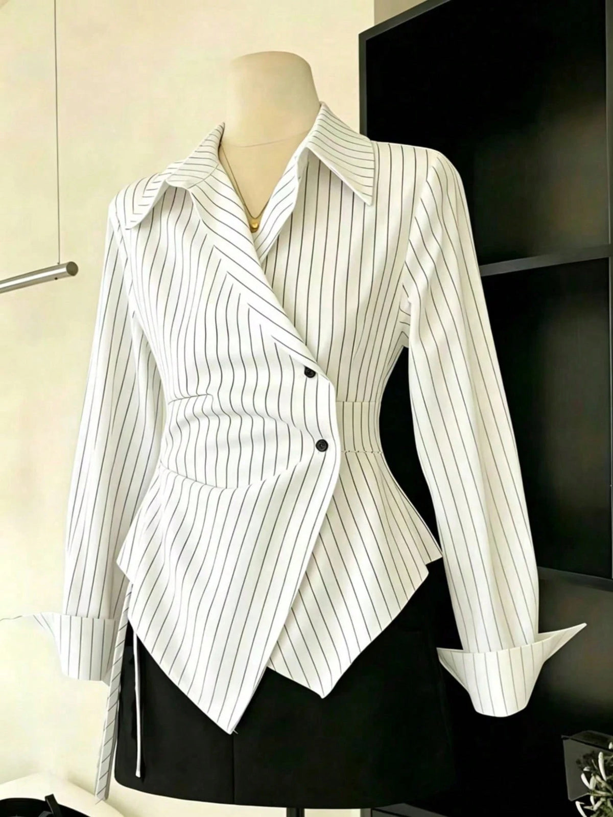 Women's Spring/Autumn Fashion Casual Commute Minimalist Striped Print Wrap Button Front Asymmetrical Hem Shirt White