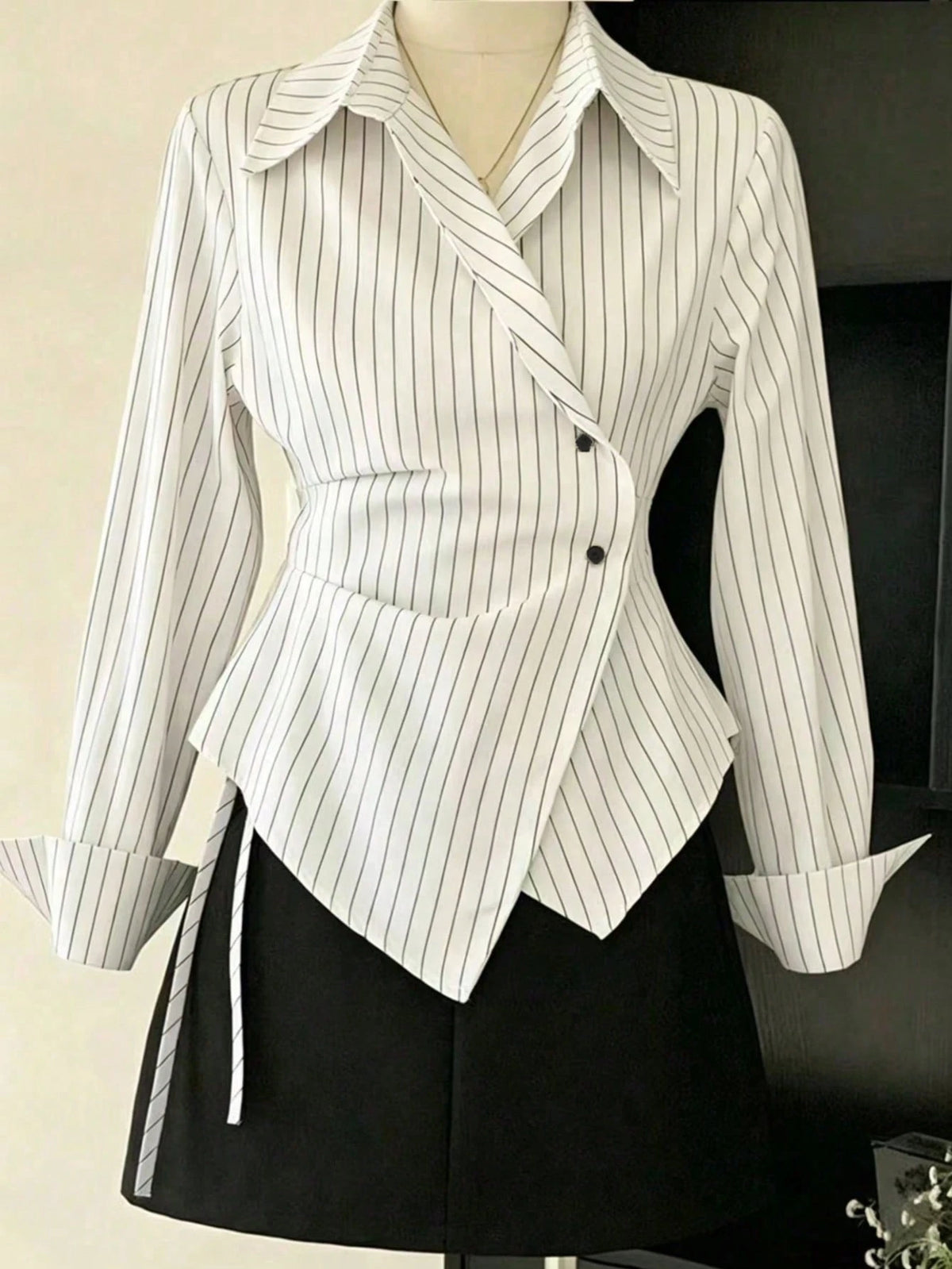 Women's Spring/Autumn Fashion Casual Commute Minimalist Striped Print Wrap Button Front Asymmetrical Hem Shirt White