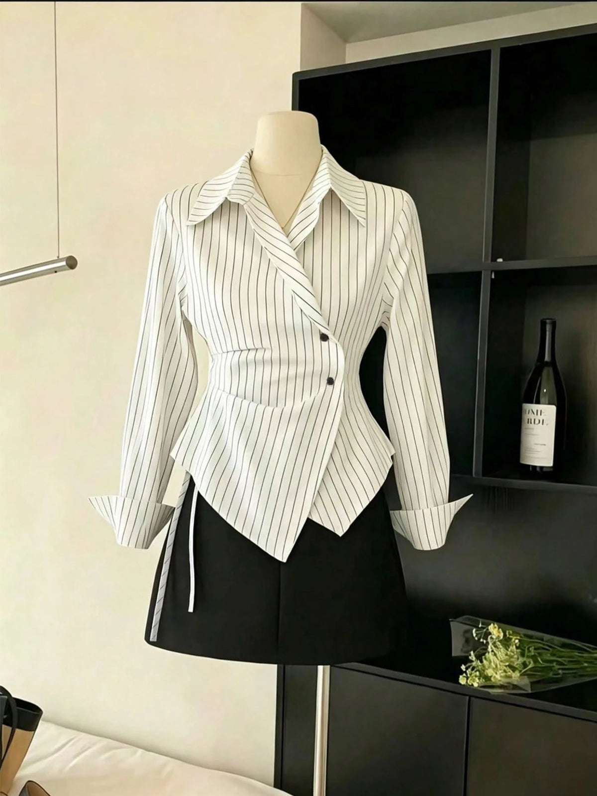 Women's Spring/Autumn Fashion Casual Commute Minimalist Striped Print Wrap Button Front Asymmetrical Hem Shirt White