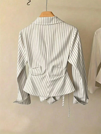 Women's Spring/Autumn Fashion Casual Commute Minimalist Striped Print Wrap Button Front Asymmetrical Hem Shirt White