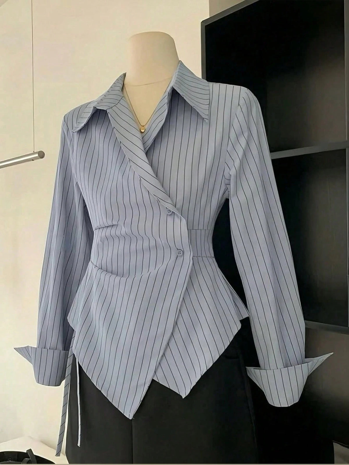 Women's Spring/Autumn Fashion Casual Commute Minimalist Striped Print Wrap Button Front Asymmetrical Hem Shirt White