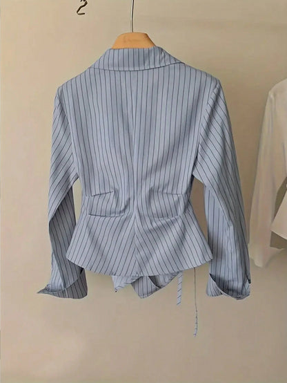 Women's Spring/Autumn Fashion Casual Commute Minimalist Striped Print Wrap Button Front Asymmetrical Hem Shirt White