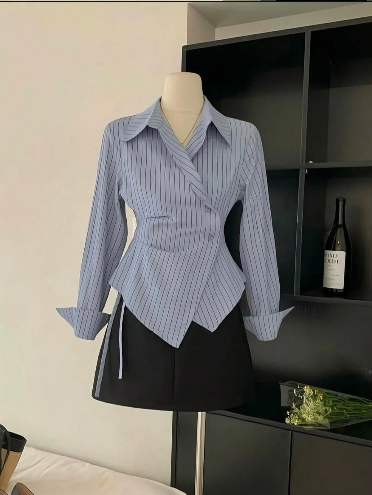 Women's Spring/Autumn Fashion Casual Commute Minimalist Striped Print Wrap Button Front Asymmetrical Hem Shirt White