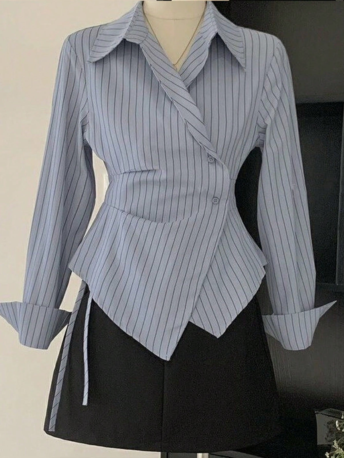 Women's Spring/Autumn Fashion Casual Commute Minimalist Striped Print Wrap Button Front Asymmetrical Hem Shirt White