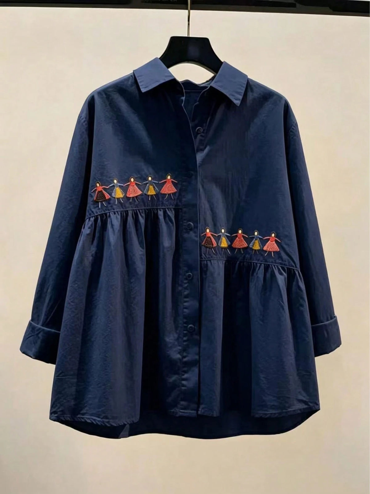 Women's Spring Casual Solid Color Embroidered Versatile Long Sleeve Shirt