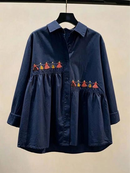 Women's Spring Casual Solid Color Embroidered Versatile Long Sleeve Shirt