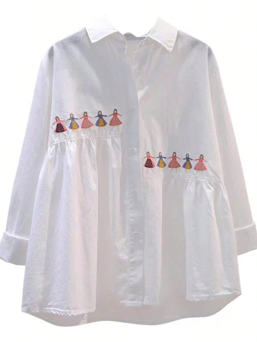 Women's Spring Casual Solid Color Embroidered Versatile Long Sleeve Shirt