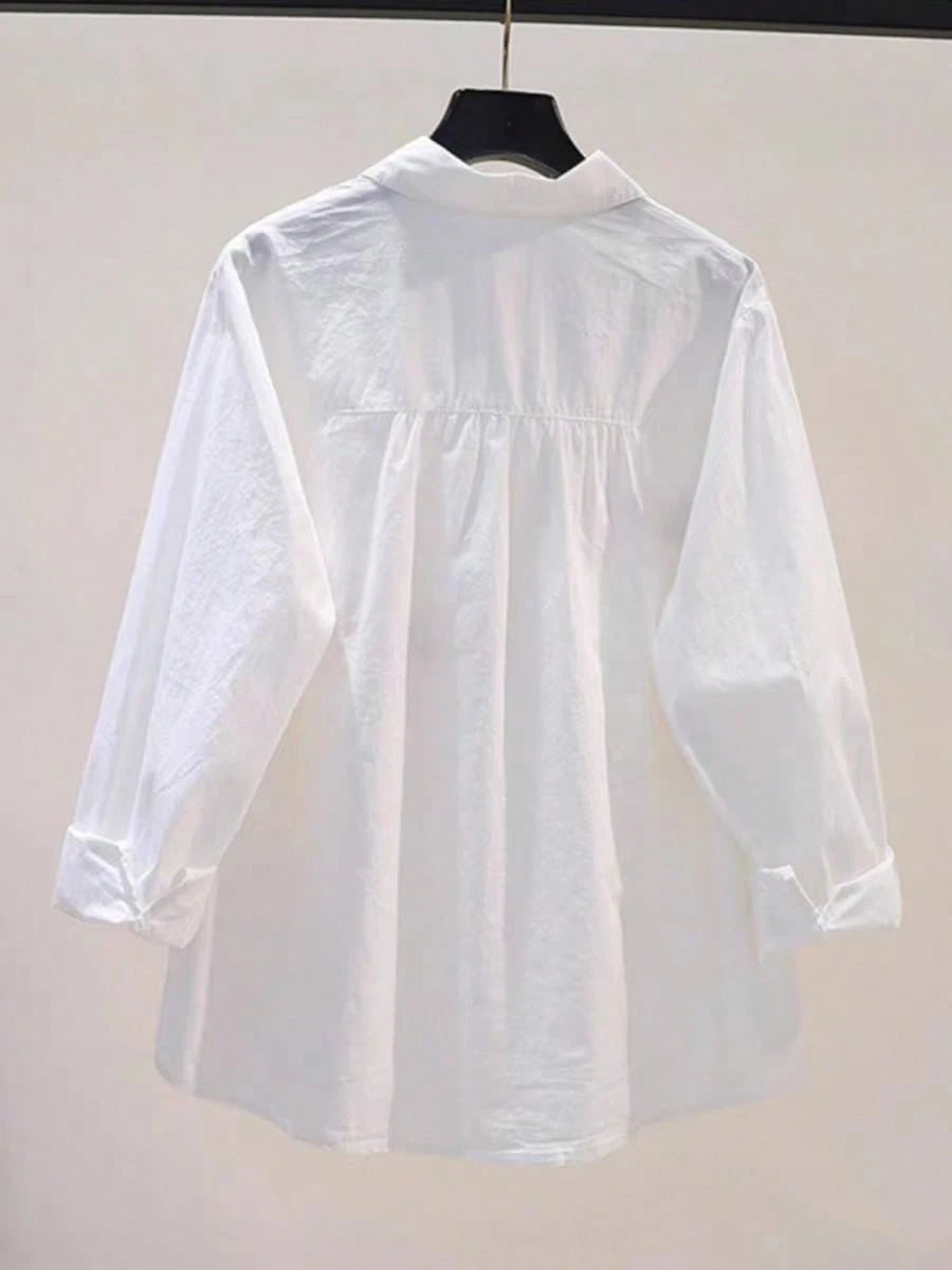 Women's Spring Casual Solid Color Embroidered Versatile Long Sleeve Shirt
