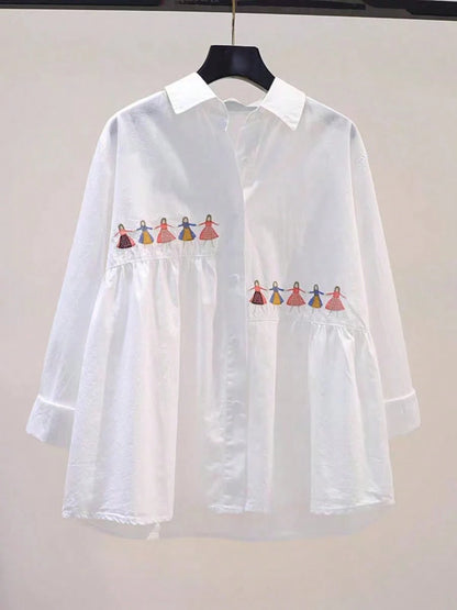 Women's Spring Casual Solid Color Embroidered Versatile Long Sleeve Shirt