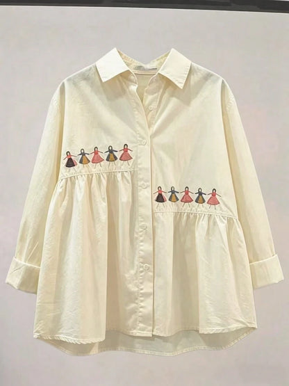 Women's Spring Casual Solid Color Embroidered Versatile Long Sleeve Shirt