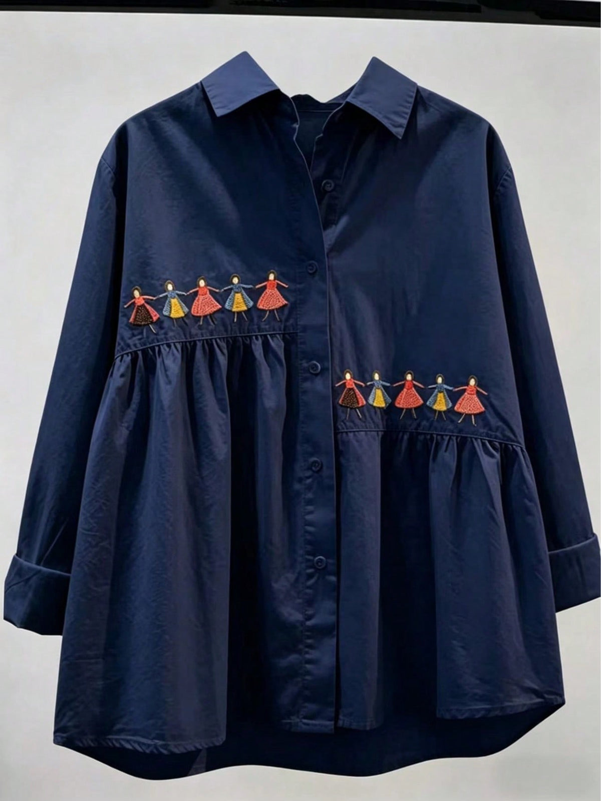Women's Spring Casual Solid Color Embroidered Versatile Long Sleeve Shirt