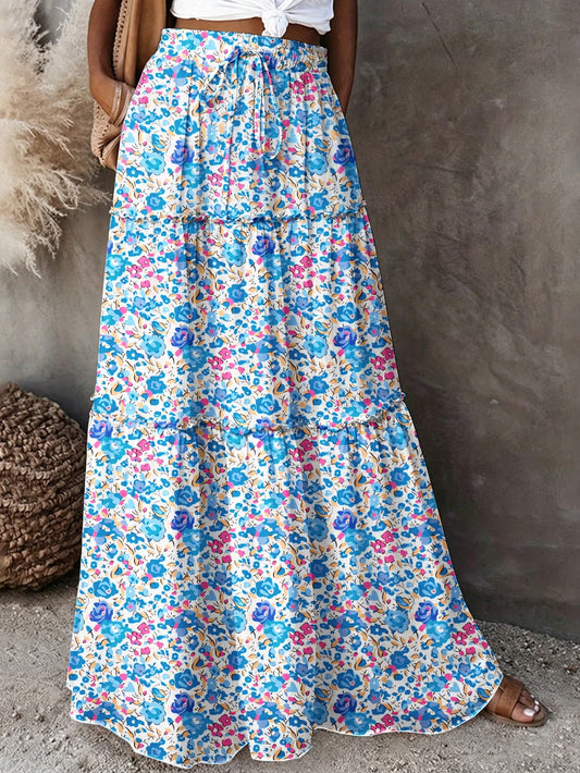 Women's Spring/Summer Floral Print Tiered Ruffle Skirt Casual Vacation Skirt Blue Floral Ruffle Tiered Skirt Women Summer Beach Vacation Casual Bottom