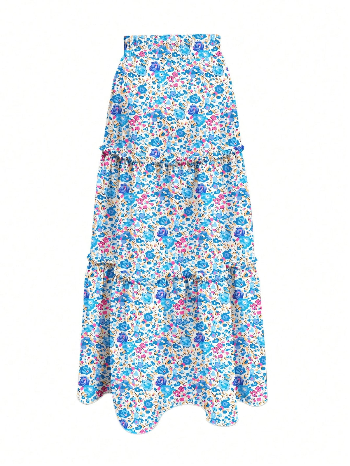 Women's Spring/Summer Floral Print Tiered Ruffle Skirt Casual Vacation Skirt Blue Floral Ruffle Tiered Skirt Women Summer Beach Vacation Casual Bottom
