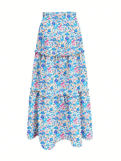 Women's Spring/Summer Floral Print Tiered Ruffle Skirt Casual Vacation Skirt Blue Floral Ruffle Tiered Skirt Women Summer Beach Vacation Casual Bottom