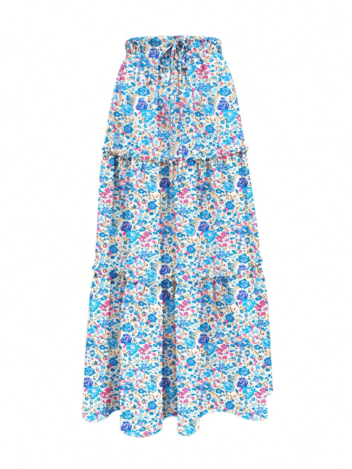 Women's Spring/Summer Floral Print Tiered Ruffle Skirt Casual Vacation Skirt Blue Floral Ruffle Tiered Skirt Women Summer Beach Vacation Casual Bottom
