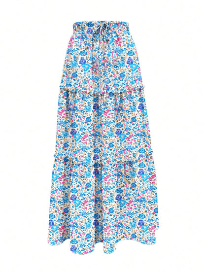Women's Spring/Summer Floral Print Tiered Ruffle Skirt Casual Vacation Skirt Blue Floral Ruffle Tiered Skirt Women Summer Beach Vacation Casual Bottom