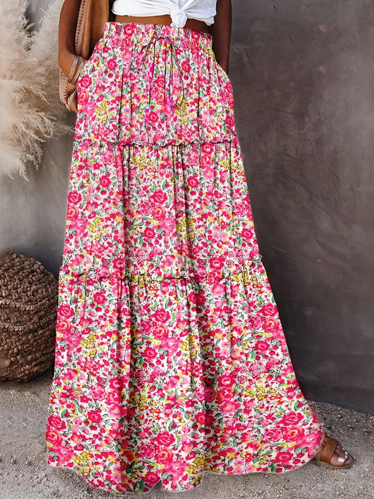 Women's Spring/Summer Floral Print Tiered Ruffle Skirt Casual Vacation Skirt Blue Floral Ruffle Tiered Skirt Women Summer Beach Vacation Casual Bottom