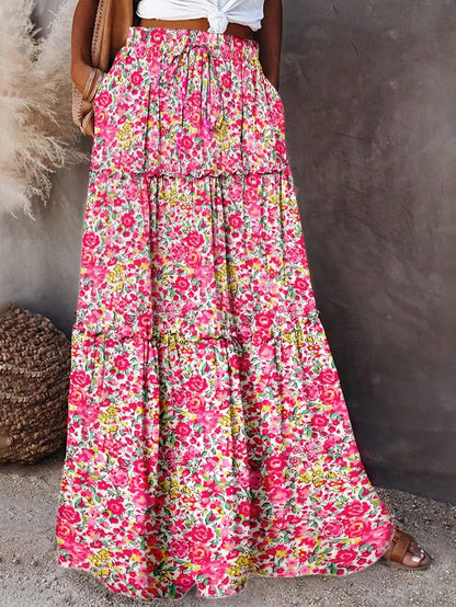 Women's Spring/Summer Floral Print Tiered Ruffle Skirt Casual Vacation Skirt Blue Floral Ruffle Tiered Skirt Women Summer Beach Vacation Casual Bottom