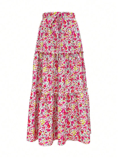 Women's Spring/Summer Floral Print Tiered Ruffle Skirt Casual Vacation Skirt Blue Floral Ruffle Tiered Skirt Women Summer Beach Vacation Casual Bottom