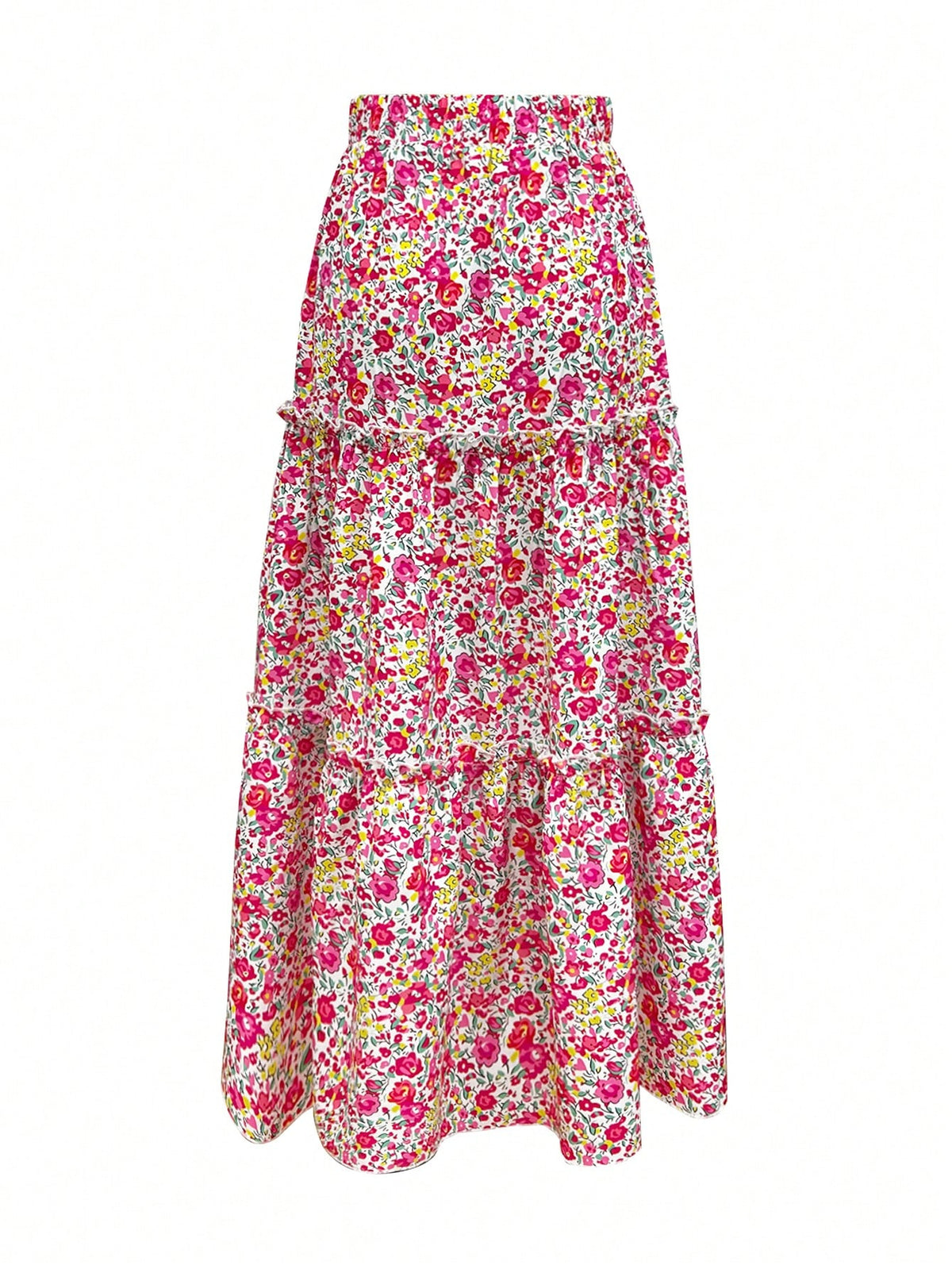 Women's Spring/Summer Floral Print Tiered Ruffle Skirt Casual Vacation Skirt Blue Floral Ruffle Tiered Skirt Women Summer Beach Vacation Casual Bottom