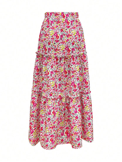 Women's Spring/Summer Floral Print Tiered Ruffle Skirt Casual Vacation Skirt Blue Floral Ruffle Tiered Skirt Women Summer Beach Vacation Casual Bottom