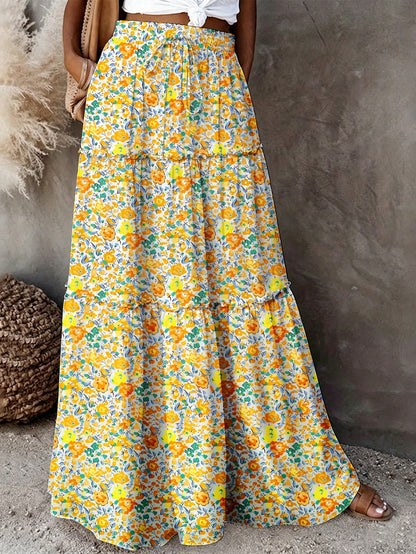 Women's Spring/Summer Floral Print Tiered Ruffle Skirt Casual Vacation Skirt Blue Floral Ruffle Tiered Skirt Women Summer Beach Vacation Casual Bottom
