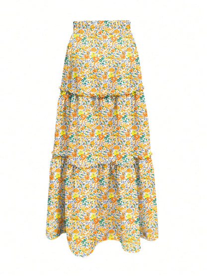 Women's Spring/Summer Floral Print Tiered Ruffle Skirt Casual Vacation Skirt Blue Floral Ruffle Tiered Skirt Women Summer Beach Vacation Casual Bottom