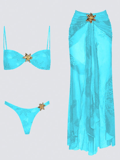 Women's Spring/Summer New Fashion Elegant Casual Sexy Beach Vacation Date Party Blue Floral Print Spaghetti Strap Bikini Set Set And Mini Skirt