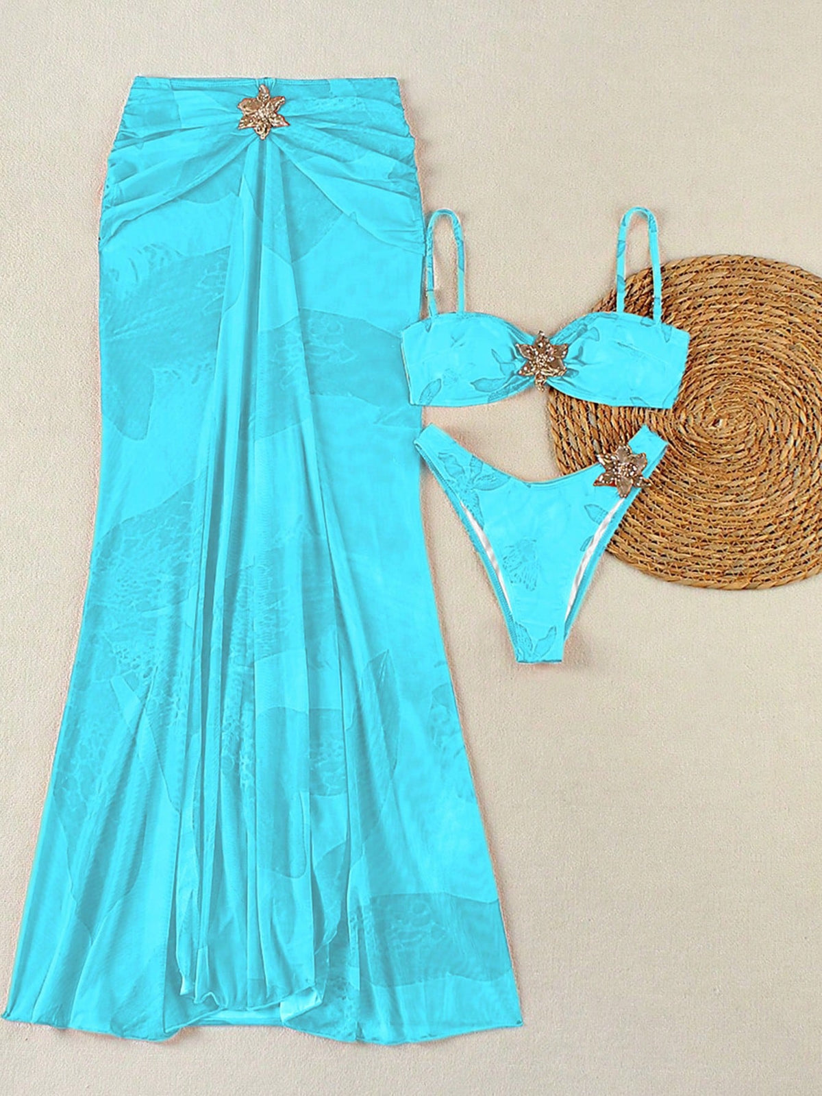 Women's Spring/Summer New Fashion Elegant Casual Sexy Beach Vacation Date Party Blue Floral Print Spaghetti Strap Bikini Set Set And Mini Skirt