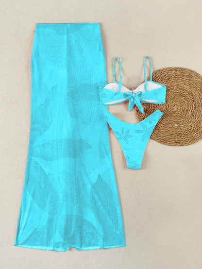 Women's Spring/Summer New Fashion Elegant Casual Sexy Beach Vacation Date Party Blue Floral Print Spaghetti Strap Bikini Set Set And Mini Skirt