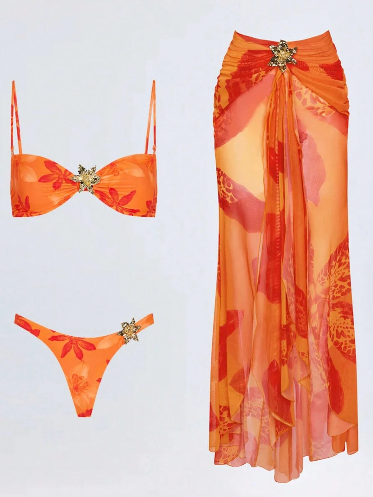 Women's Spring/Summer New Fashion Elegant Casual Sexy Beach Vacation Date Party Blue Floral Print Spaghetti Strap Bikini Set Set And Mini Skirt