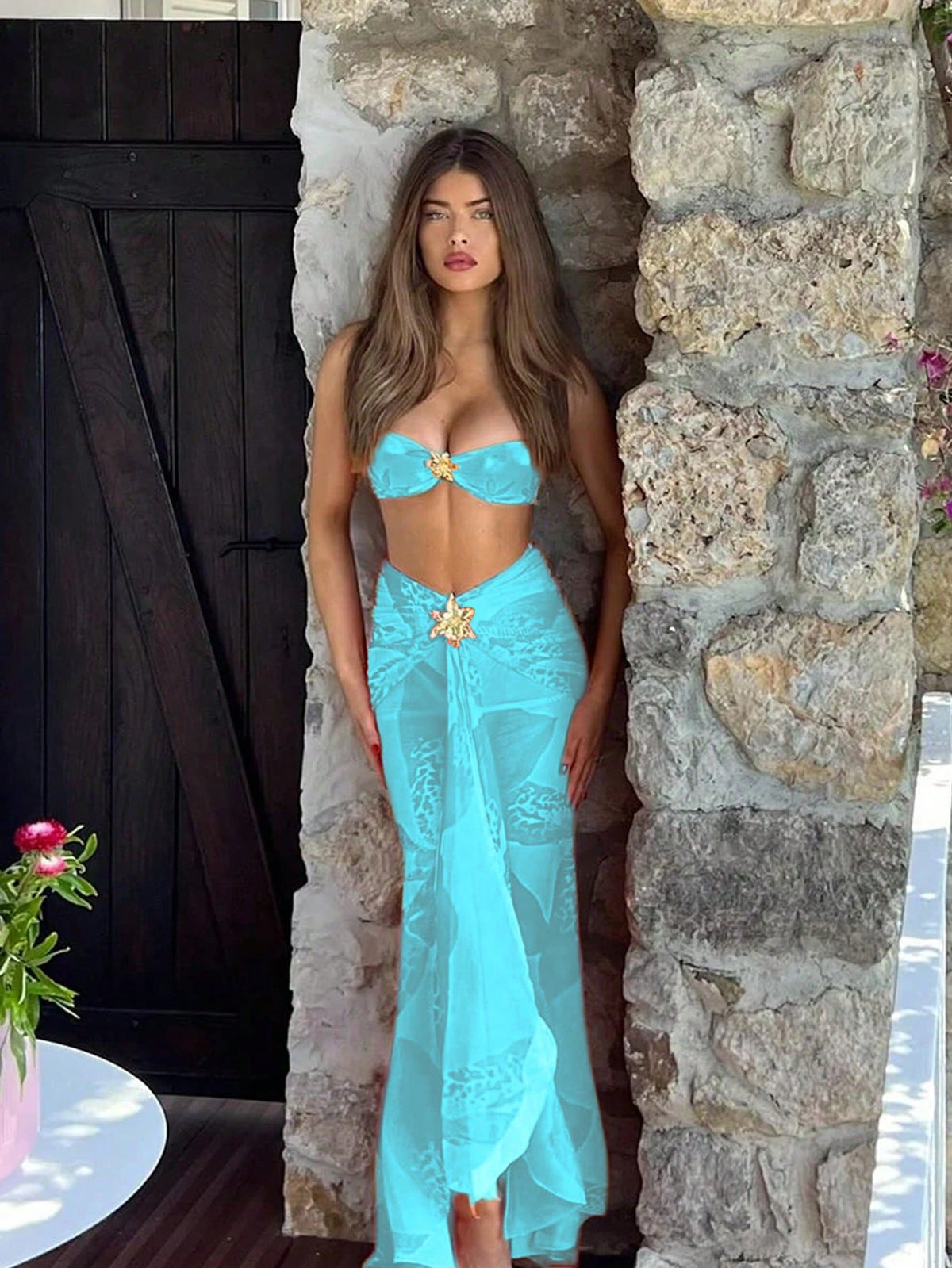 Women's Spring/Summer New Fashion Elegant Casual Sexy Beach Vacation Date Party Blue Floral Print Spaghetti Strap Bikini Set Set And Mini Skirt