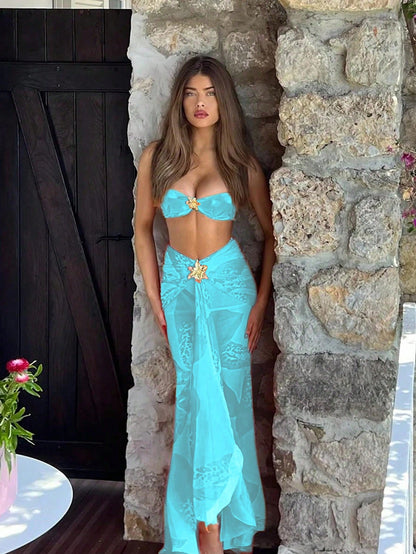 Women's Spring/Summer New Fashion Elegant Casual Sexy Beach Vacation Date Party Blue Floral Print Spaghetti Strap Bikini Set Set And Mini Skirt