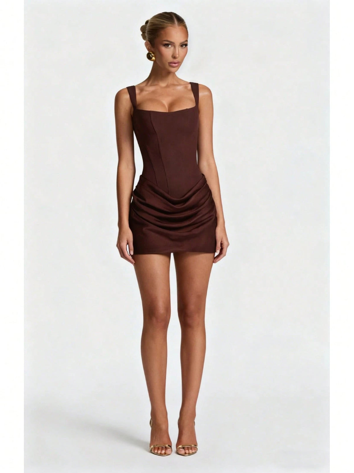 Women's Square Neck Sleeveless Mini Dress, Corset Style Ruched Bodycon Party Dress