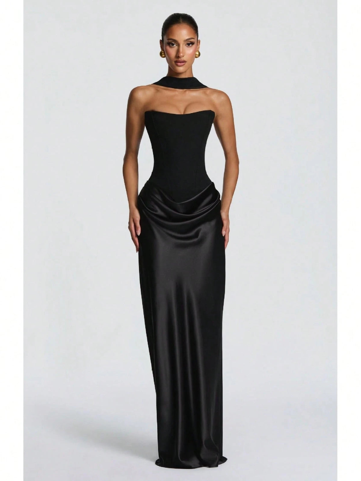 Women's Strapless Corset Satin Maxi Dress With Choker Detail, Ruched Waist Formal Evening Gown, Multi-Color Options