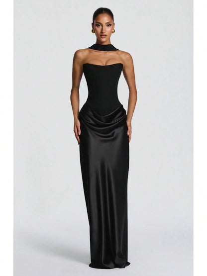 Women's Strapless Corset Satin Maxi Dress With Choker Detail, Ruched Waist Formal Evening Gown, Multi-Color Options