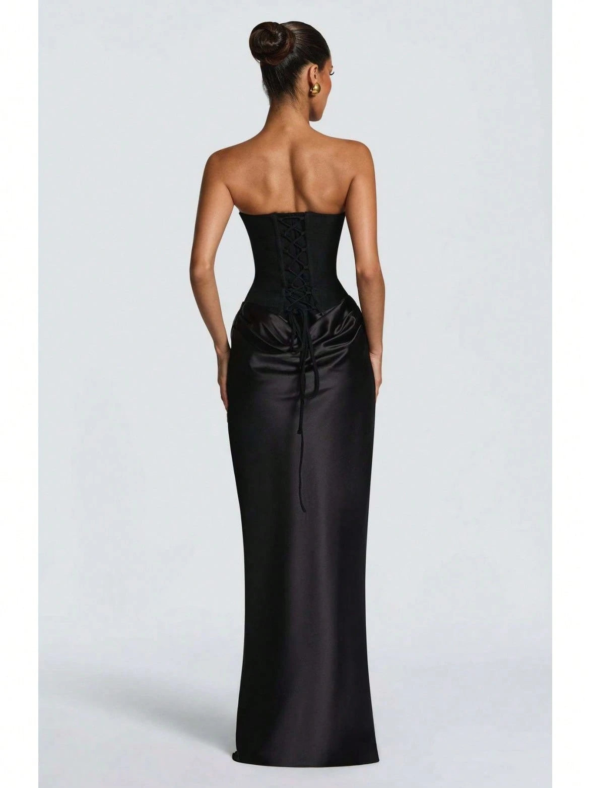 Women's Strapless Corset Satin Maxi Dress With Choker Detail, Ruched Waist Formal Evening Gown, Multi-Color Options