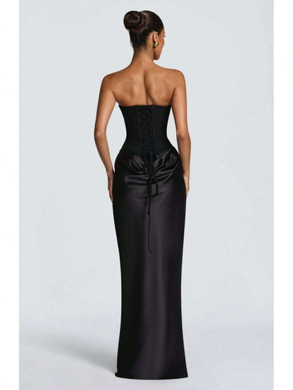 Women's Strapless Corset Satin Maxi Dress With Choker Detail, Ruched Waist Formal Evening Gown, Multi-Color Options