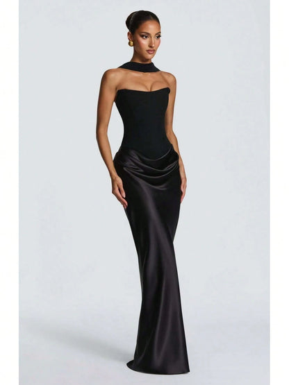 Women's Strapless Corset Satin Maxi Dress With Choker Detail, Ruched Waist Formal Evening Gown, Multi-Color Options