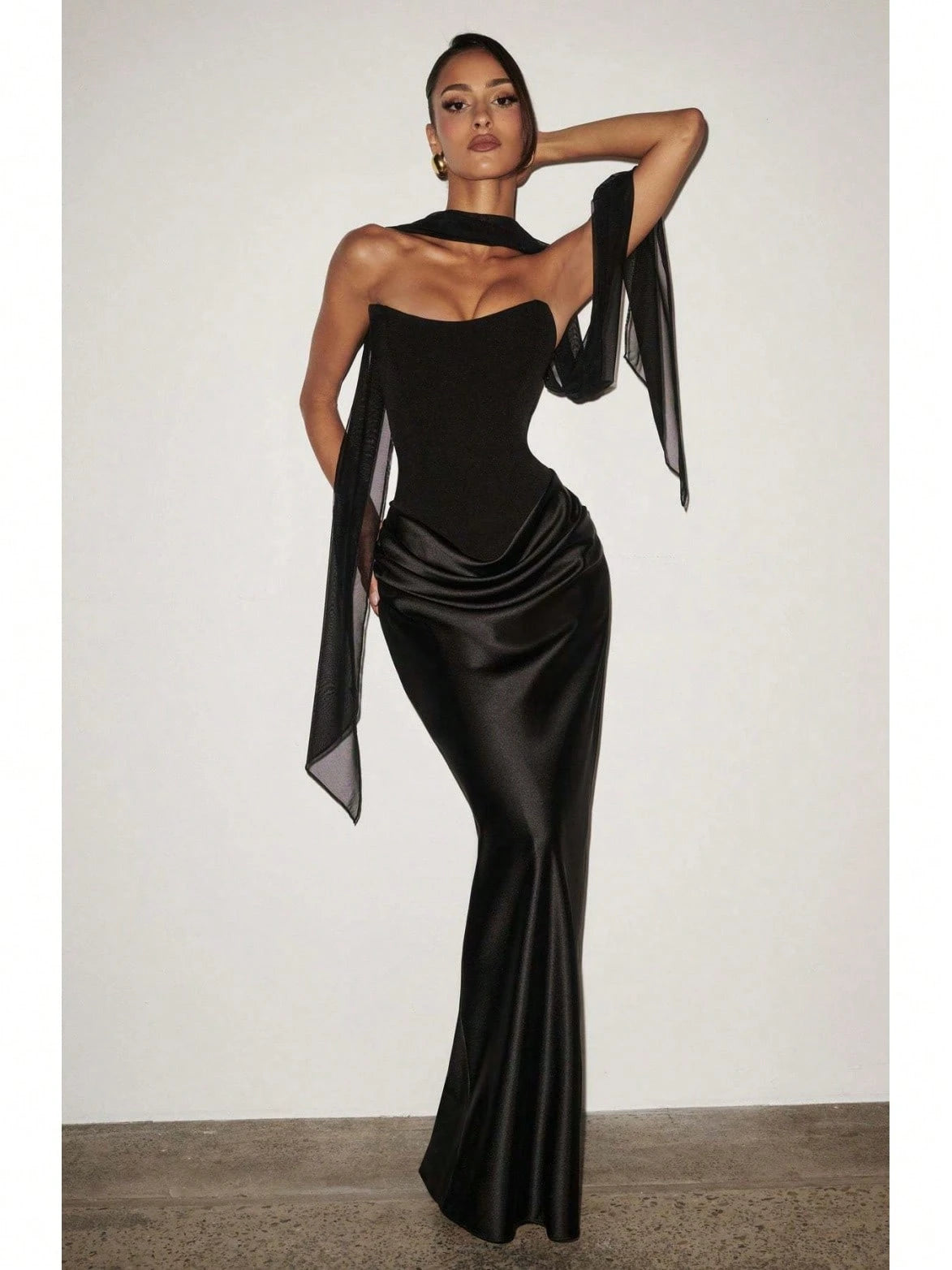 Women's Strapless Corset Satin Maxi Dress With Choker Detail, Ruched Waist Formal Evening Gown, Multi-Color Options