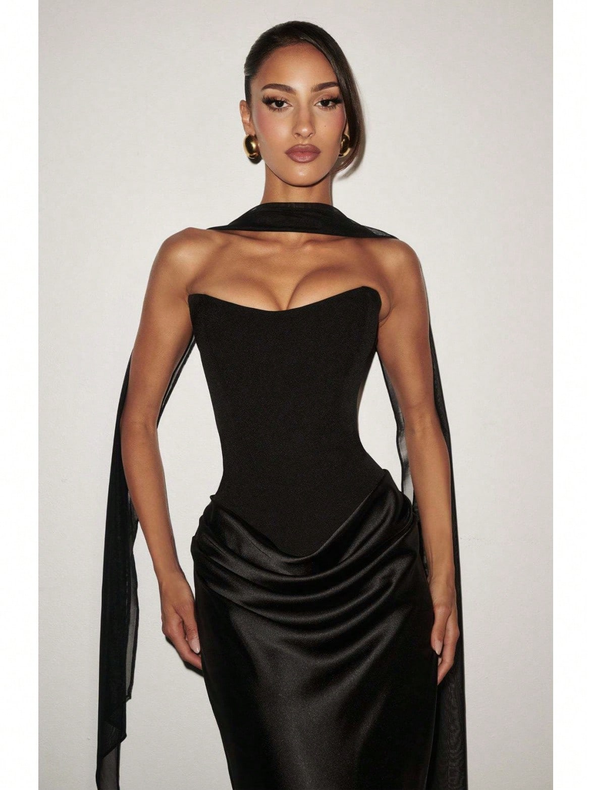 Women's Strapless Corset Satin Maxi Dress With Choker Detail, Ruched Waist Formal Evening Gown, Multi-Color Options