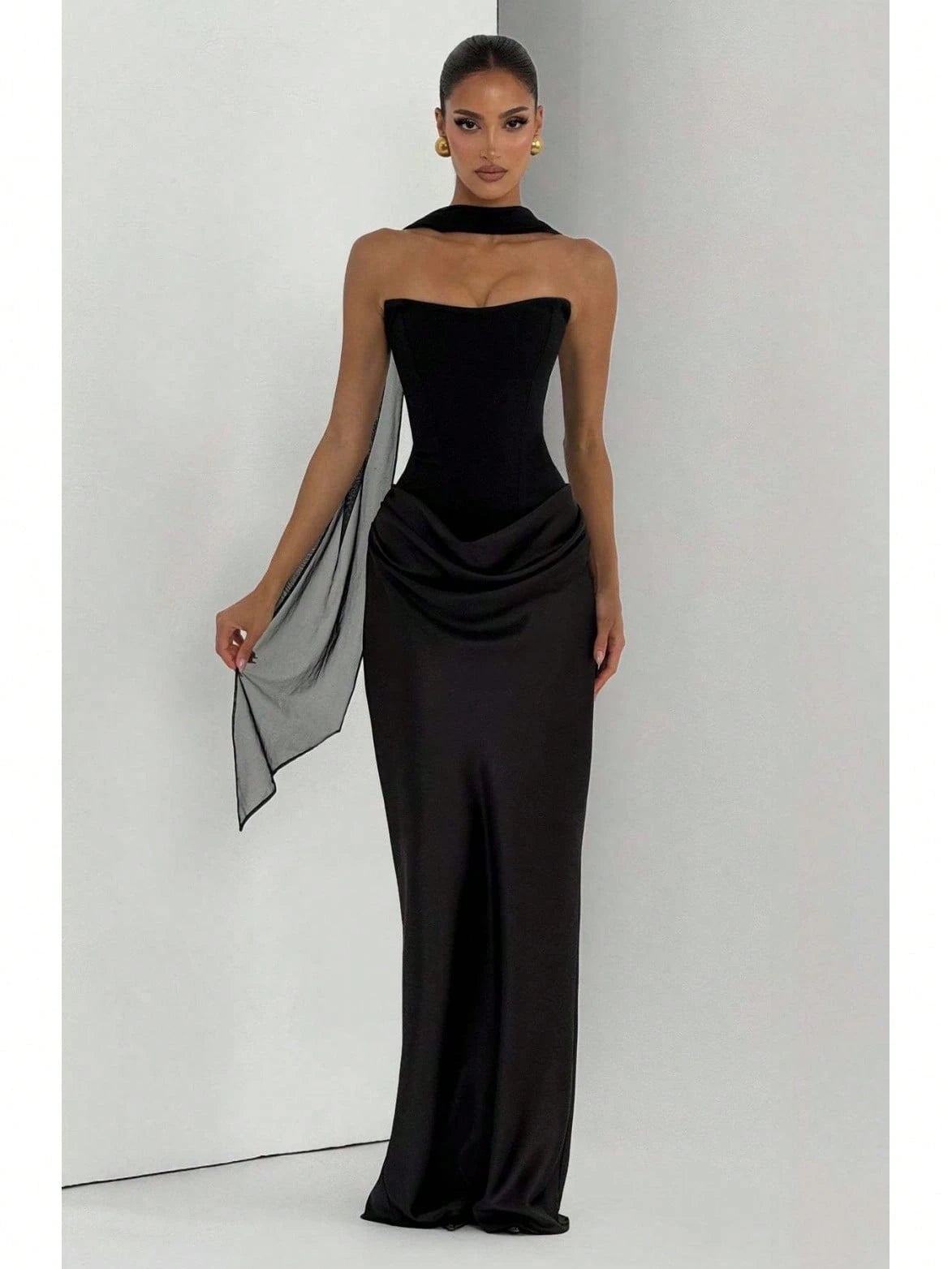 Women's Strapless Corset Satin Maxi Dress With Choker Detail, Ruched Waist Formal Evening Gown, Multi-Color Options